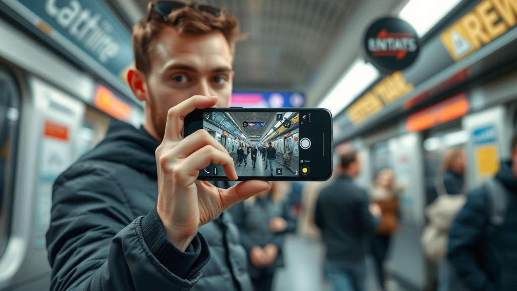 Mobile-first video marketing trend, creative marketer recording vertical video in urban setting