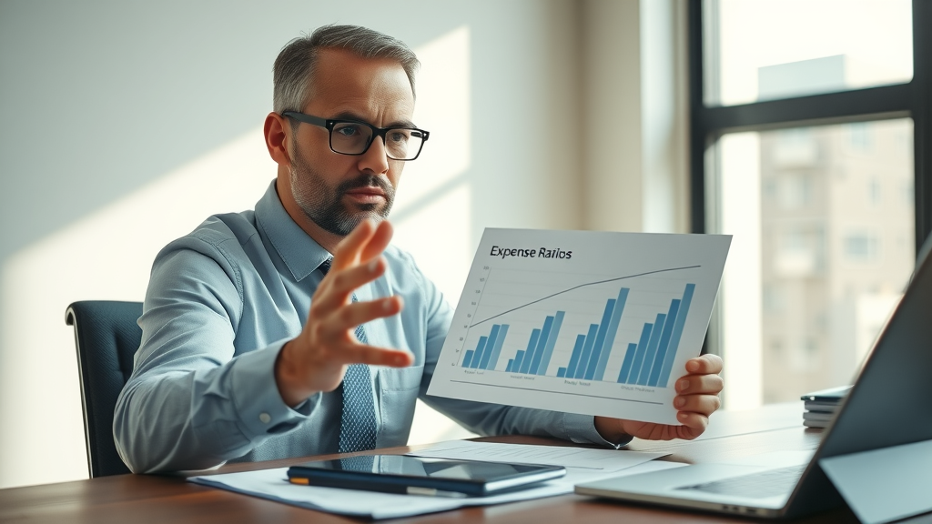 advisor explaining expense ratios chart, minimalist office