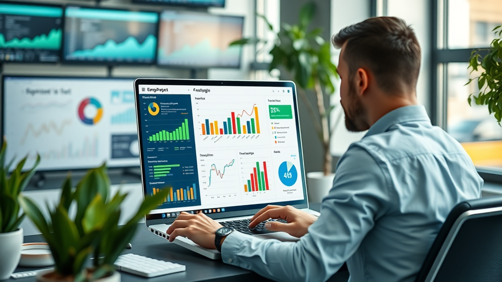 Marketer analyzing promotional products marketing strategy campaign impact using colorful graphs and charts on a laptop