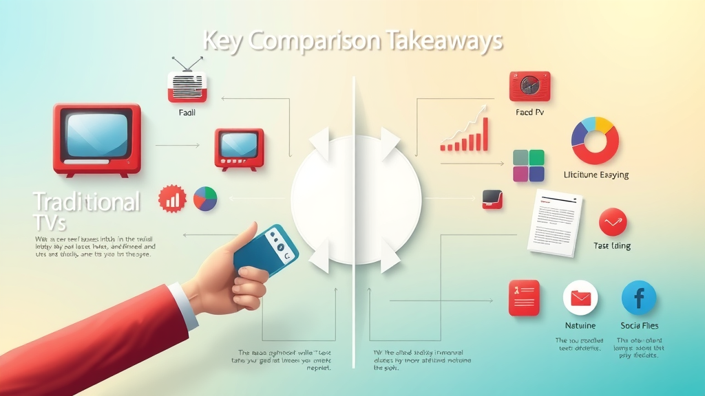 Infographic visually presenting key comparison takeaways between traditional and digital media with icons for TV, radio, newspaper, smartphone, social media - traditional vs digital media