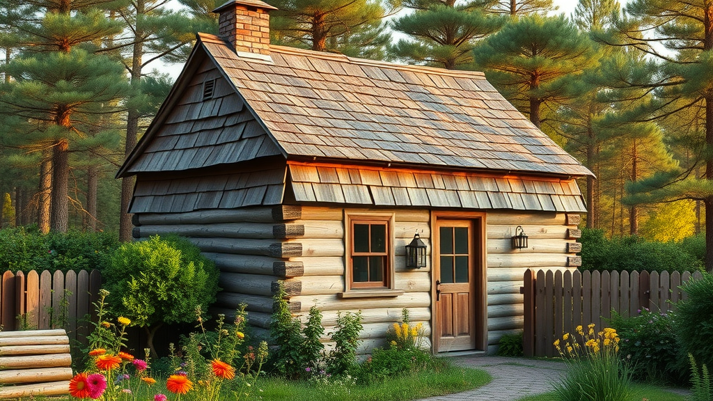 Charming cottage with cedar wood shingle roof, wood roofing materials for types of roofs, surrounded by trees