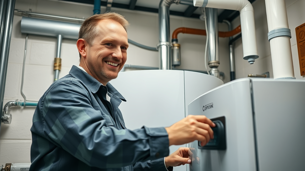 experienced engineer installing a modern boiler, Boiler Installation Chesterfield, tidy boiler room, metallic and white tones, professional tools