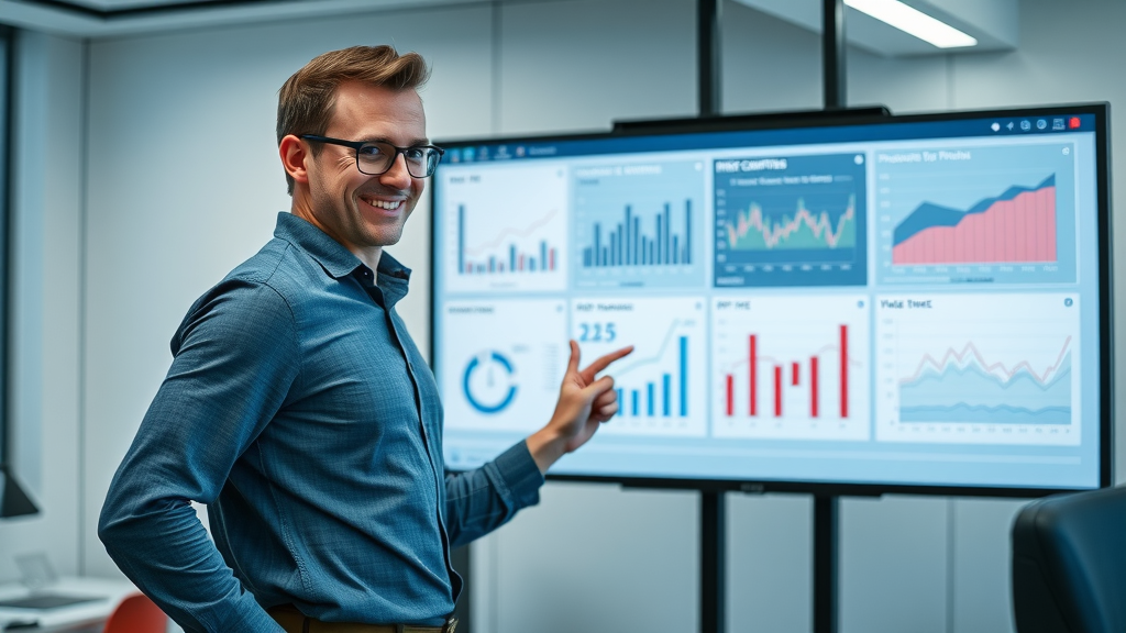 Marketer reviewing ROI graphs and KPI charts for video marketing campaign performance