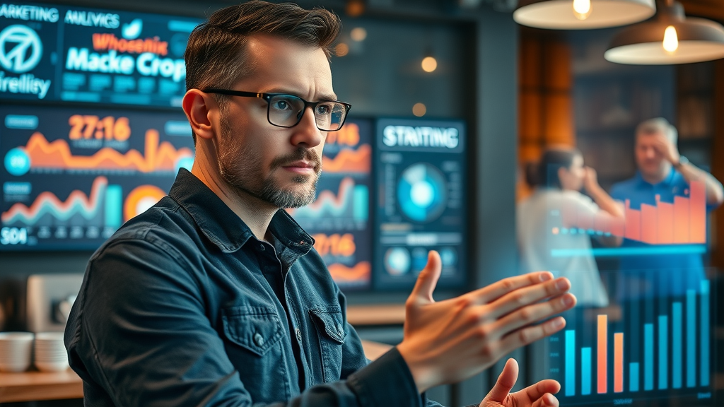 Small business owner analyzes marketing analytics, influencers: voices for your business Phoenix