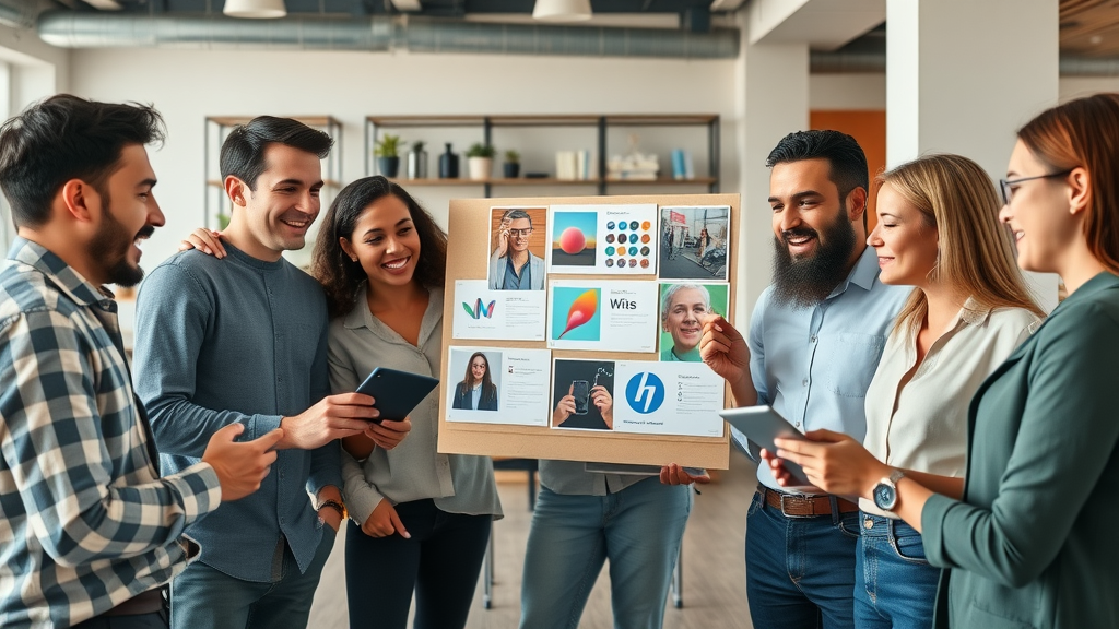 motivated small business team brainstorming branding ideas, showcasing business branding success with mood boards and brand materials