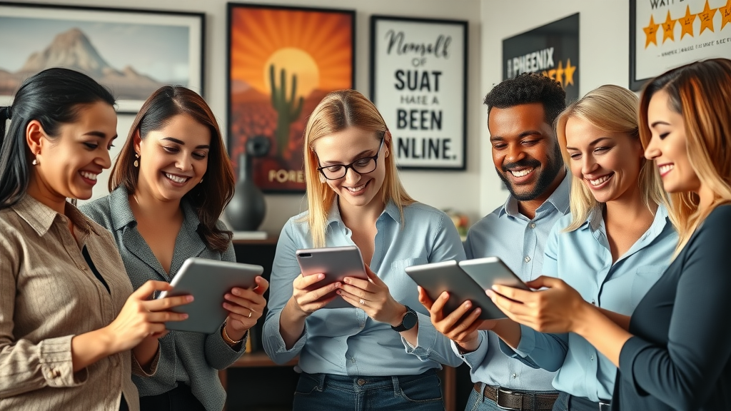 Small business team in Phoenix responding to google reviews on tablets and smartphones, google review reputation