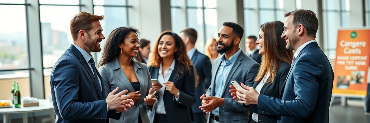 Professionals networking at a chamber networking event in a modern conference hall.