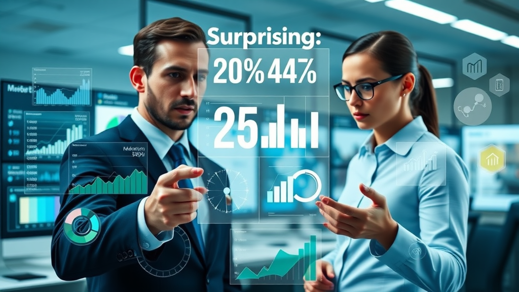 Promotional products marketing strategy infographic showcasing surprising marketing statistics and business professionals analyzing data
