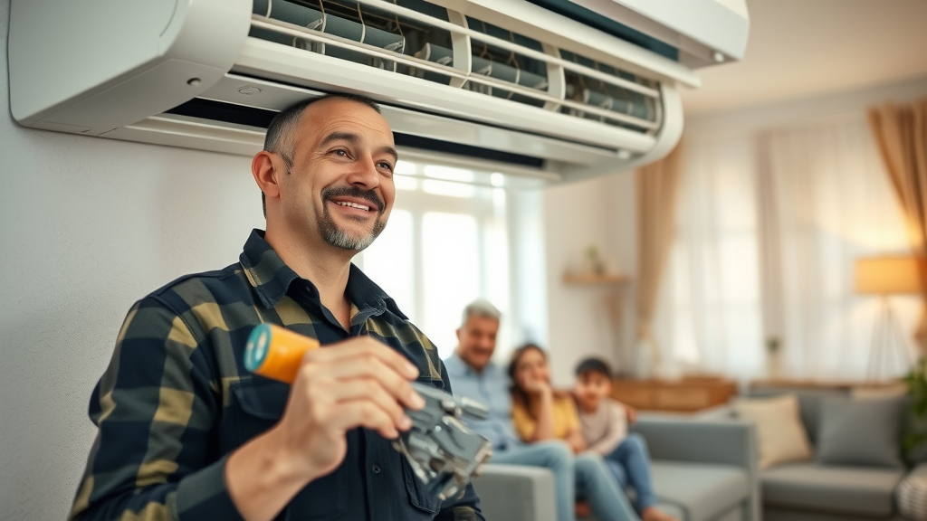 professional HVAC technician inspecting air conditioning unit for ultimate local SEO strategy, comfortable home background, family in living room