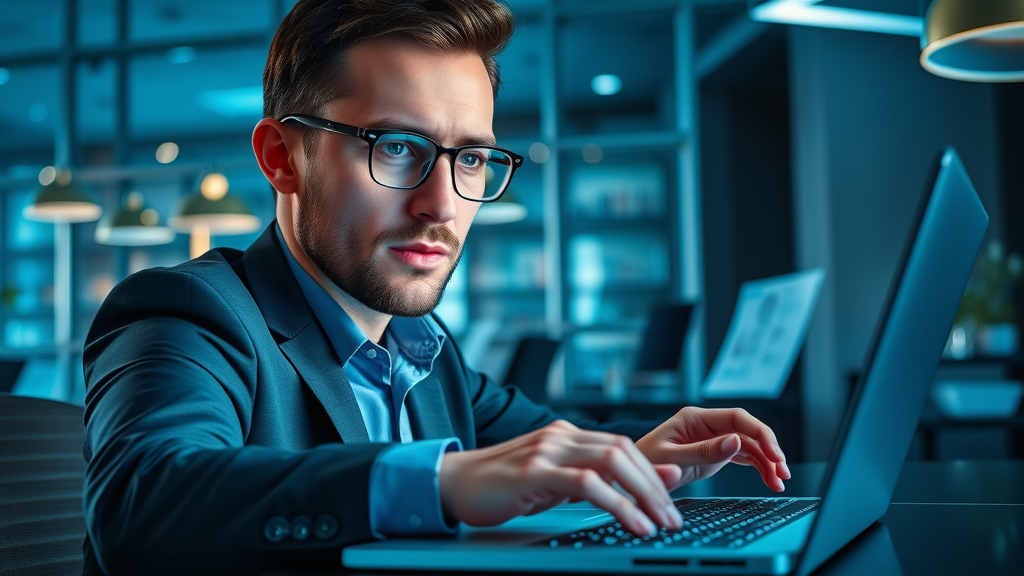innovative businessperson automating referral and loyalty programs on laptop in high-tech workspace