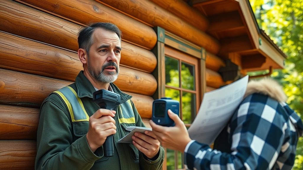 Log home inspection with thermal camera highlights energy efficiency concerns and insurance evaluation