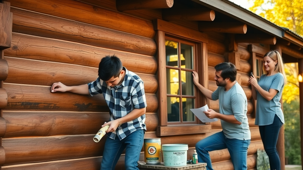 Family performing log home maintenance to preserve energy efficiency in log homes