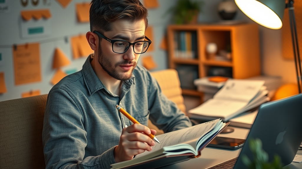 motivated blogger brainstorming content, building blog authority