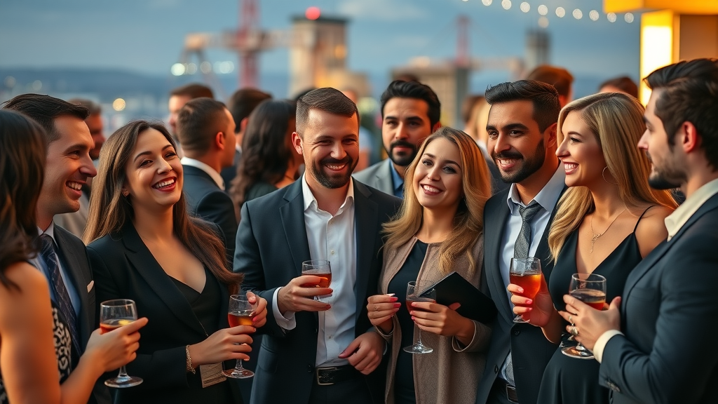 Chamber networking event party with professionals at city rooftop lounge