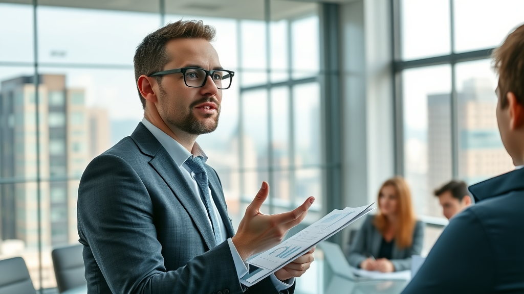 Small business leader sharing strategic growth ideas in modern boardroom