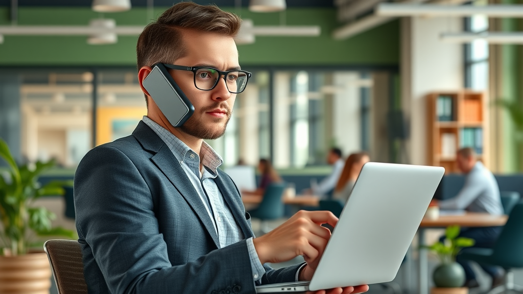 versatile fractional marketing executive multitasking in coworking space with teamwork zones