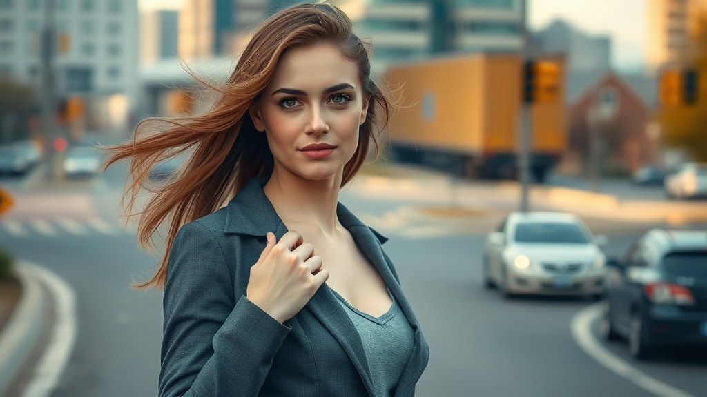 how to make a career transition: inspirational woman at crossroads, confident expression, urban background, career change