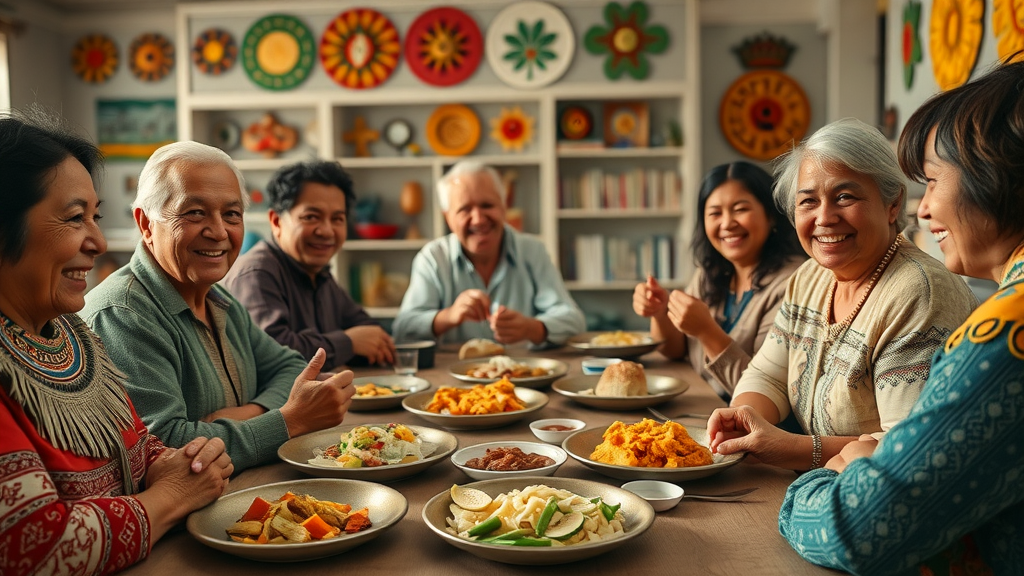 cultural awareness hopeful multicultural group, indigenous and non-indigenous people sharing meals, symbols of cultures, traditional foods, community hall, realistic, soft tones