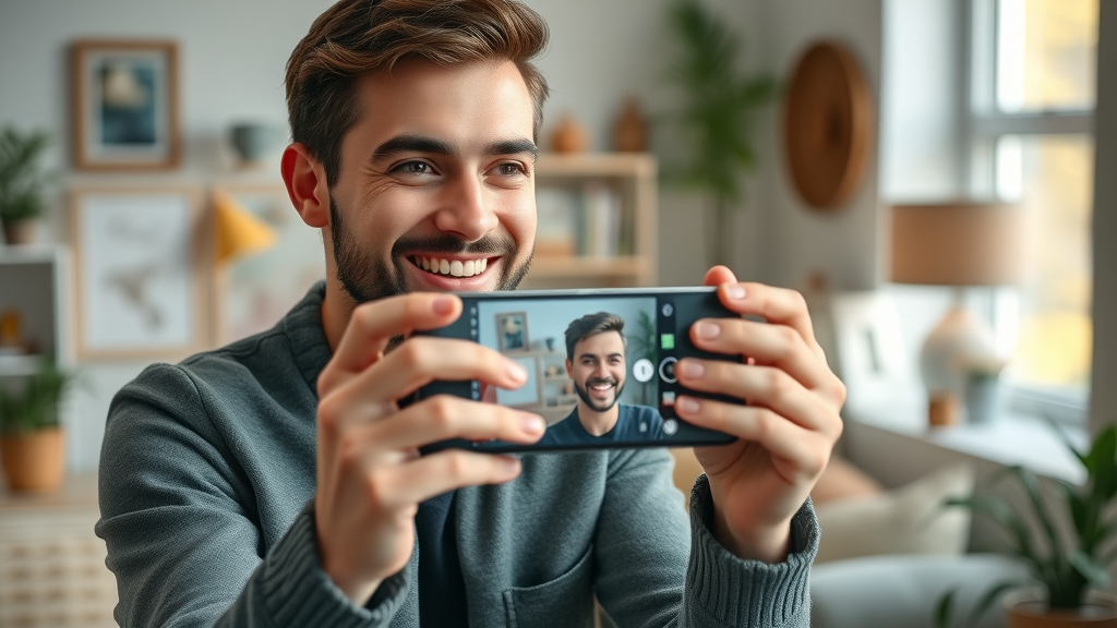 Creative content creator filming short video, influencer marketing, cozy Phoenix home-studio