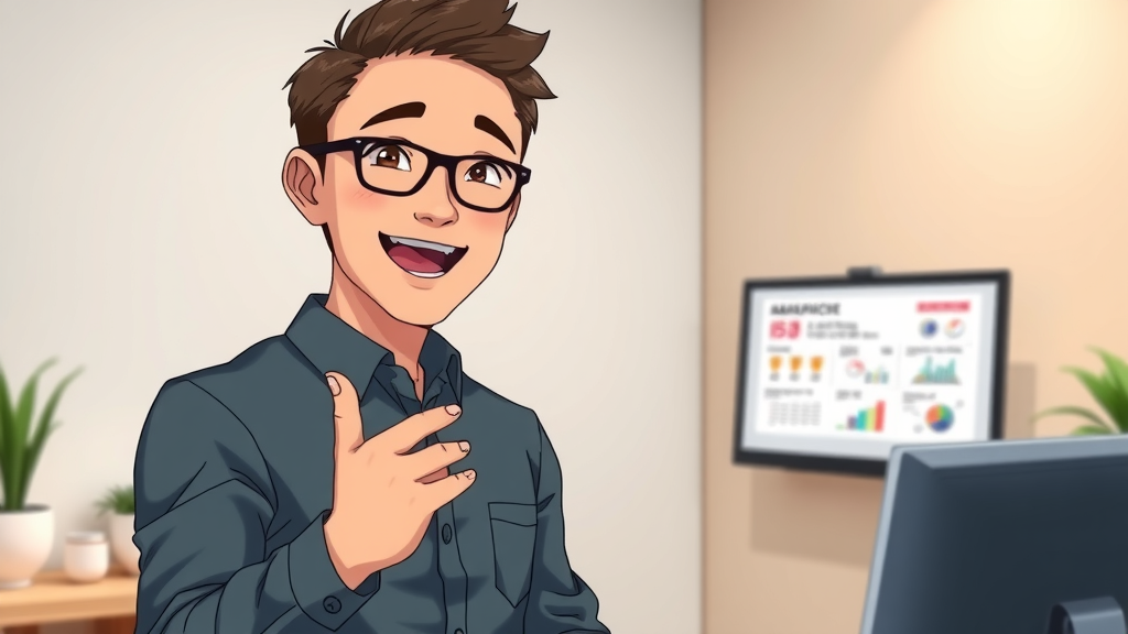 enthusiastic presenter explaining a concept with hand gestures next to a digital screen for explainer video