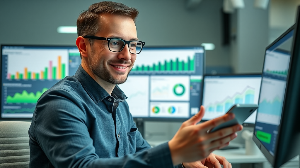 Business analyst reviewing SEO traffic growth with project photo highlights - traffic to your website increases