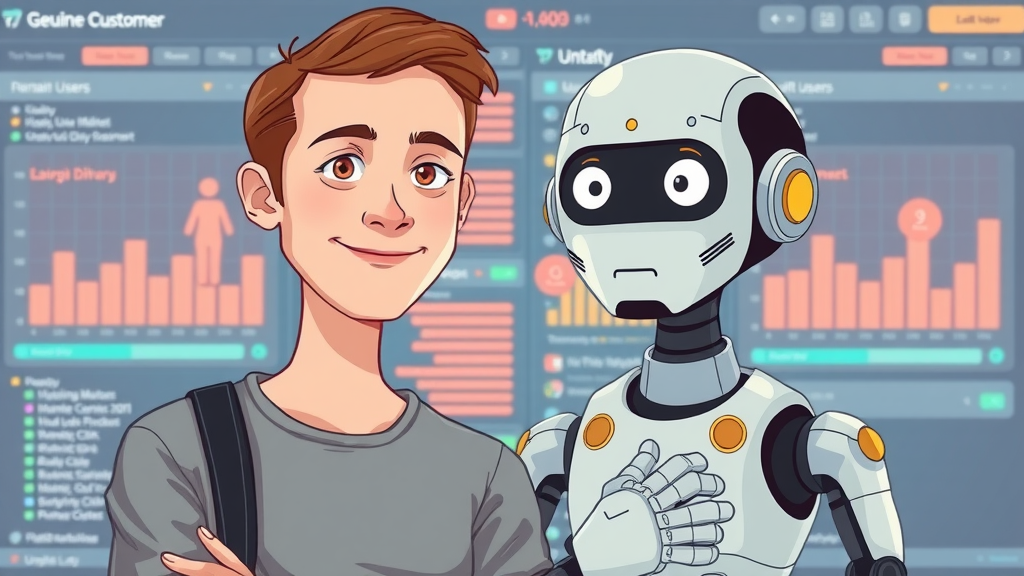 comparison between genuine customer site traffic and bot clicks in paid traffic analytics, human vs robotic digital users, digital heatmap background