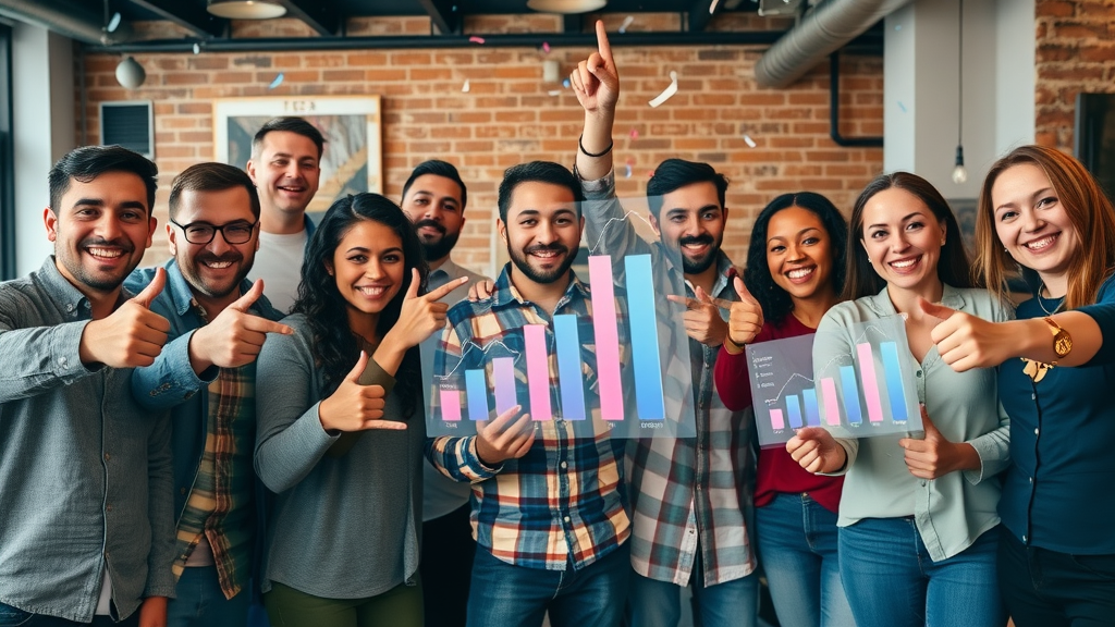 customer referral program team celebrating on growth chart achievements in modern tech office