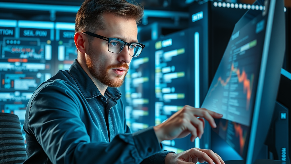 search engine optimization IT professional performing technical SEO audit in high-tech server room