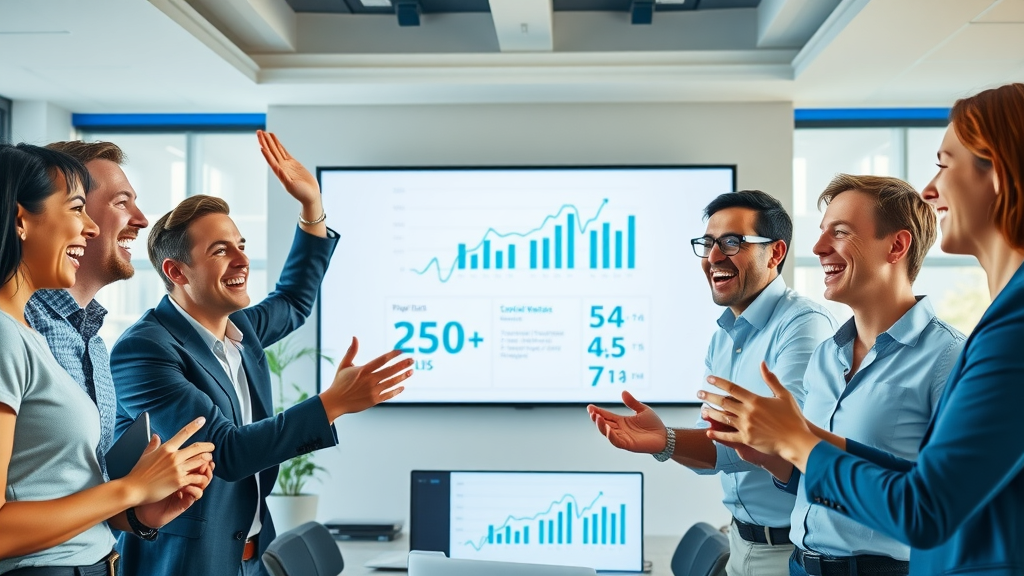 Excited business team celebrating improved video rank and SEO optimization results in modern conference room