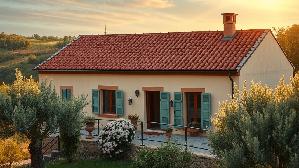 classic Mediterranean home featuring a terracotta tile roof, showcasing tile roofing materials lit by golden hour sunlight.