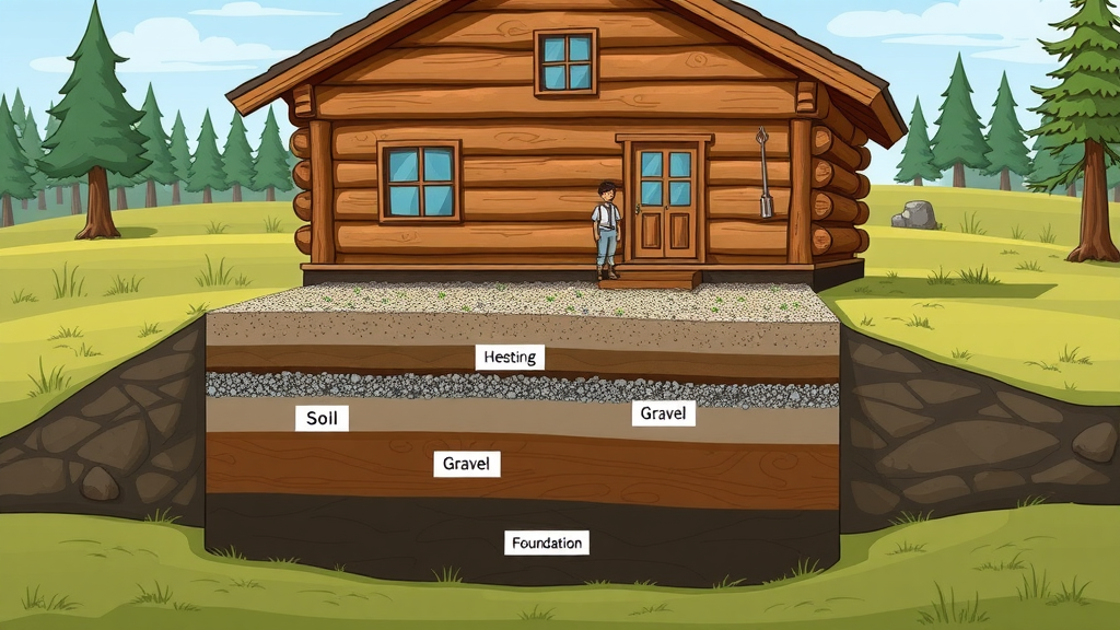 detailed cross-section diagram of soil layers beneath a log cabin foundation, showing layers of soil, gravel, and a labeled foundation, earthy and blue architectural tones