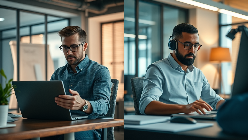 comparison of on-demand marketing leader consulting via laptop versus in-house marketing professional at desk
