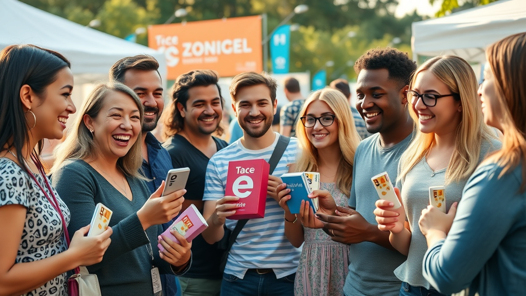 Diverse consumers engaging with trendy promotional products in 2024 at event