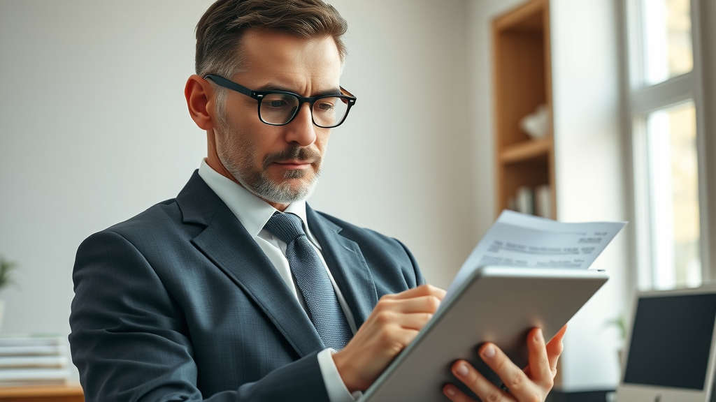 Insightful solicitor in a professional suit, reviewing legal documents on a digital tablet, content strategies for building credibility as a solicitor in Mullingar, bright modern office background