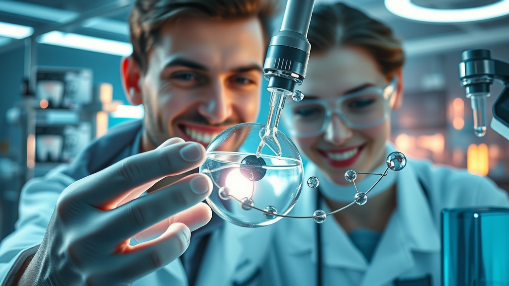 Scientific illustration of chemical reactions in teeth whitening Miami in a futuristic laboratory.