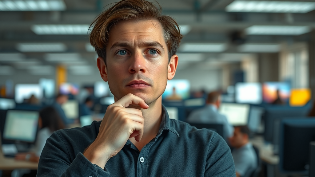 Thoughtful neurodivergent staff member facing sensory distractions in a busy Australian open-plan office, highlighting real-world work environment challenges.