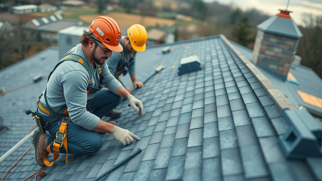 Expert Roofing Company in Kingston GA team safely installing shingles, clear sky background.