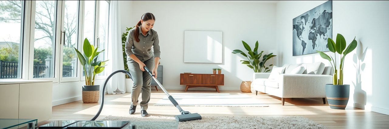 Professional cleaner in modern living room vacuuming carpet, house cleaning service.