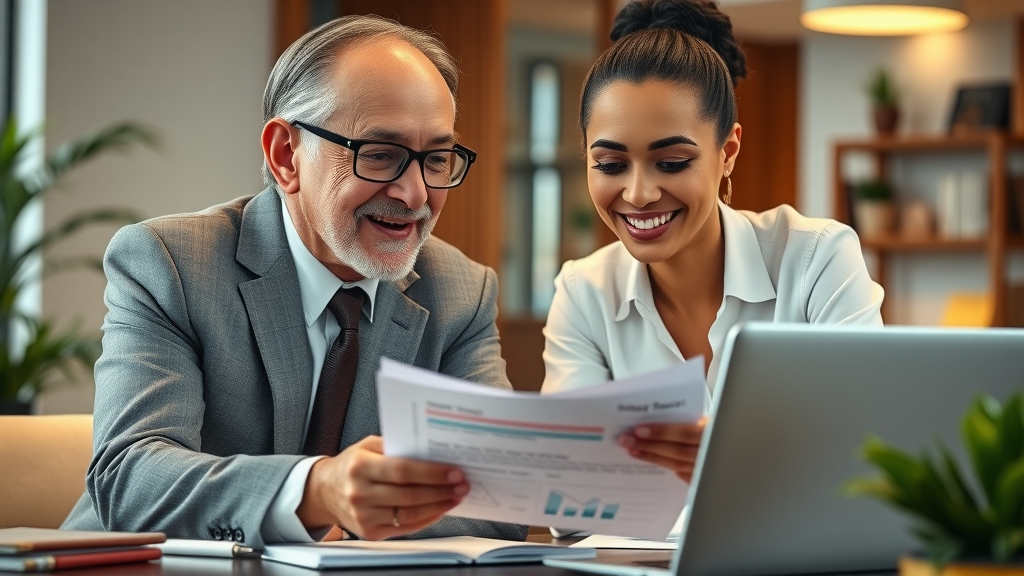 Mentor guiding business owner with technology and documents, focused on business growth resources.