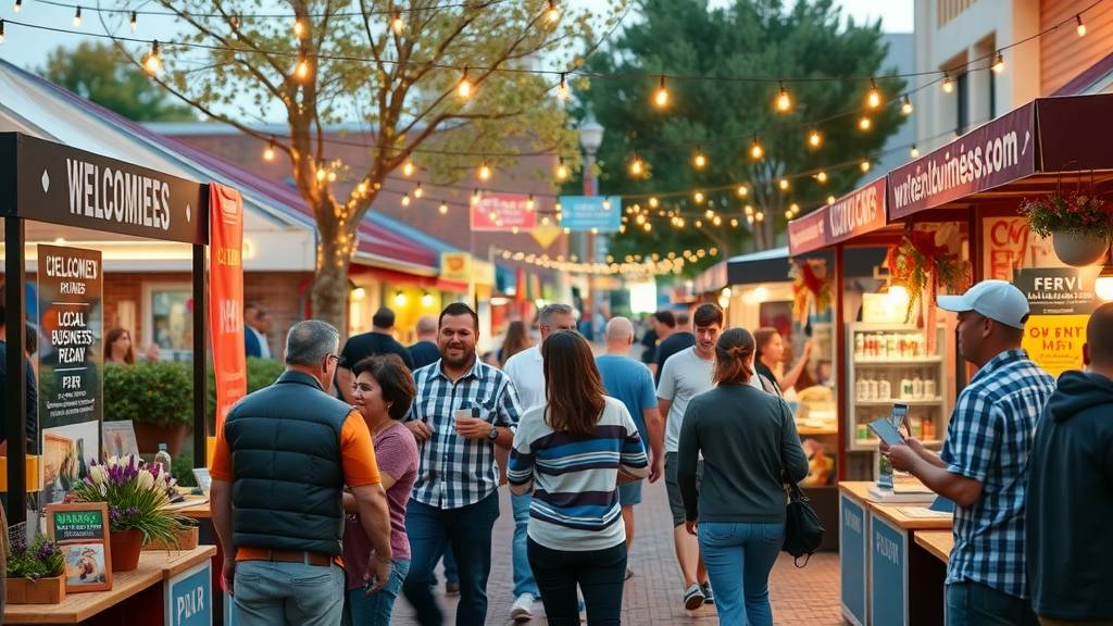 Vibrant Phoenix community event with local business booths, business owners engaging with customers and each other