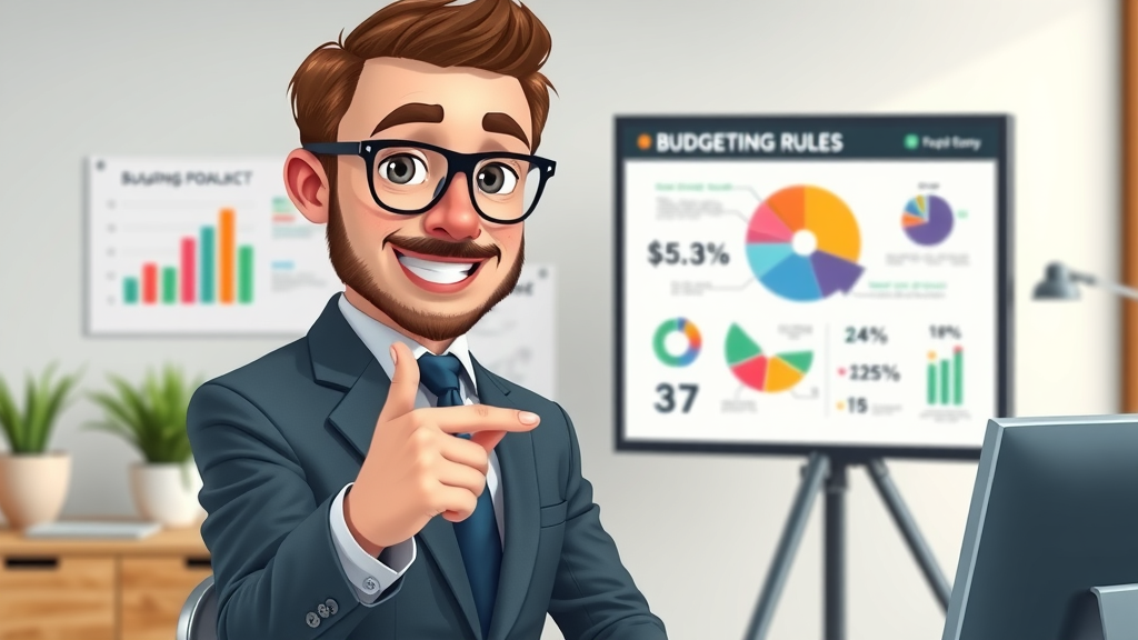 financial consultant explaining budgeting rules with infographic on screen