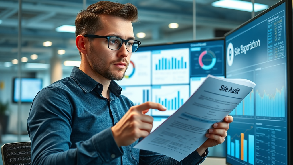 SEO specialist analyzing a detailed site audit and SEO dashboard for an Ohio small business.