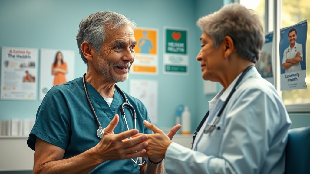 Caring local healthcare provider advising community member with health and human services expertise