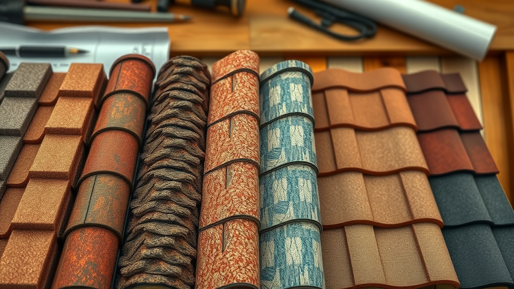 Close-up of various residential roofing materials displaying textures and styles, on workbench with blueprints