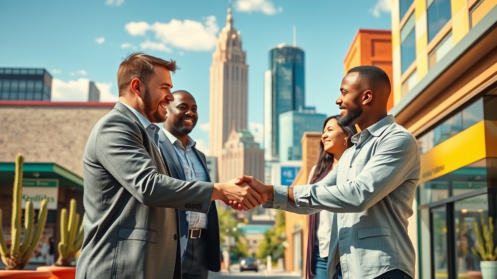 Dynamic downtown Phoenix skyline with diverse small business owners shaking hands in front of storefronts, representing local business collaboration