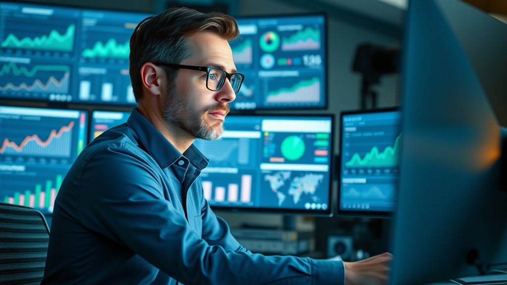 fractional marketing executive reviewing KPIs on digital dashboard in modern workspace