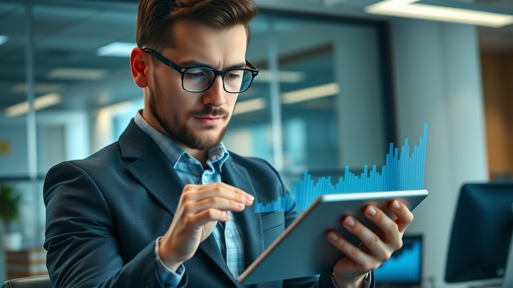 fractional chief marketing executive analyzing growth charts on tablet in office