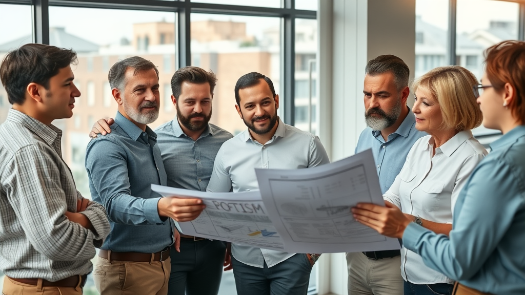 Business owners meeting with roofing contractor to review commercial roofing project plans