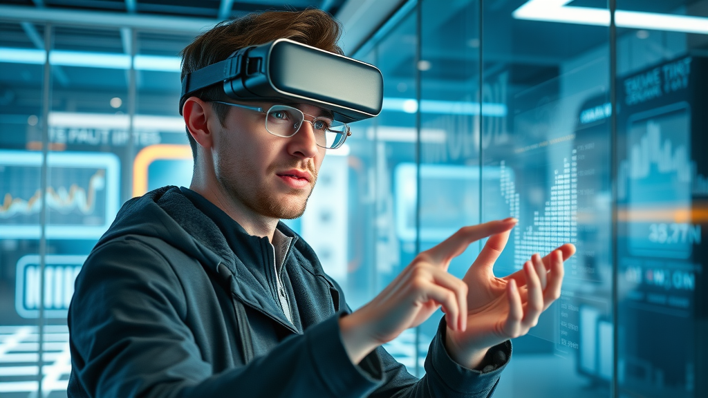content marketing strategies futuristic marketer using AR headset to explore new digital media content trends
