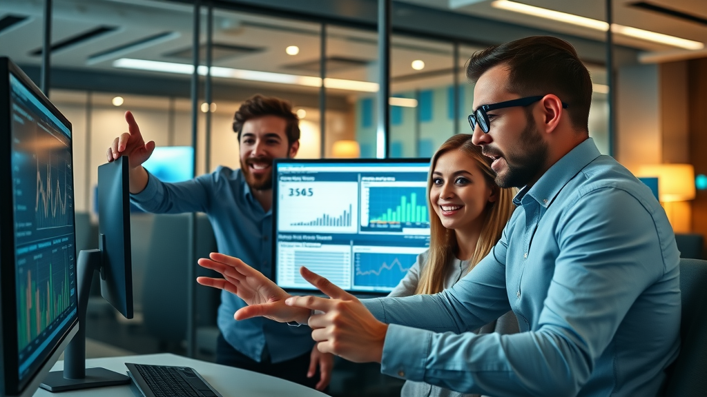 Dynamic professional digital marketing team analyzing paid traffic strategies and data, modern agency office, engaged with website traffic charts